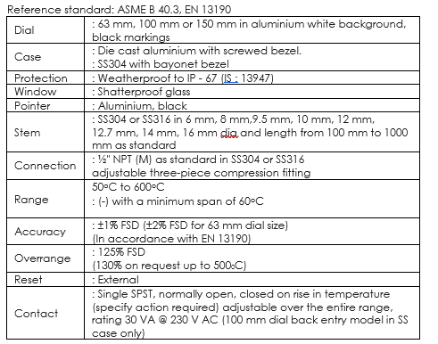 Bi Metal Gauge Specifications Image