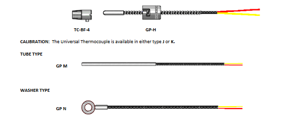 Calibration thermocouples is available in either type J or K